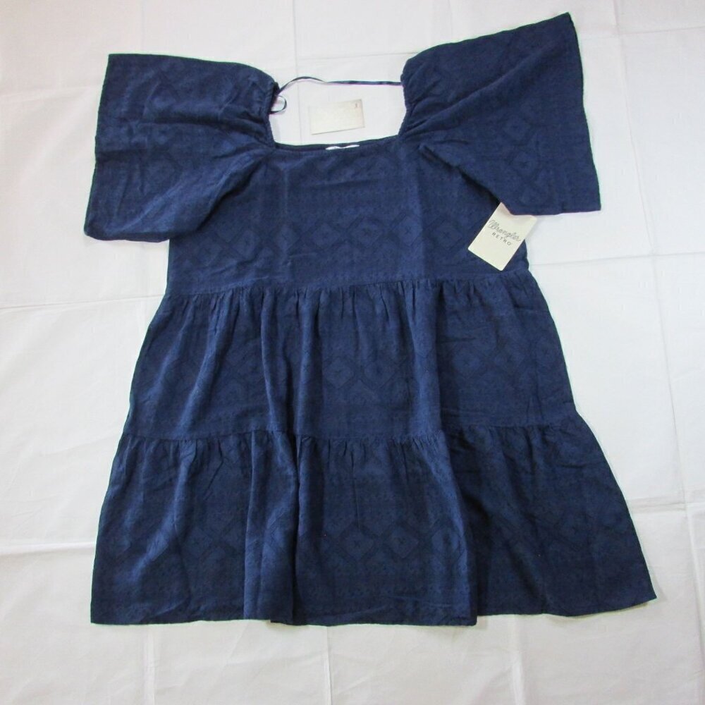 Wrangler Retro Women's LG Short Sleeve Square Neck Tiered Dress - Navy